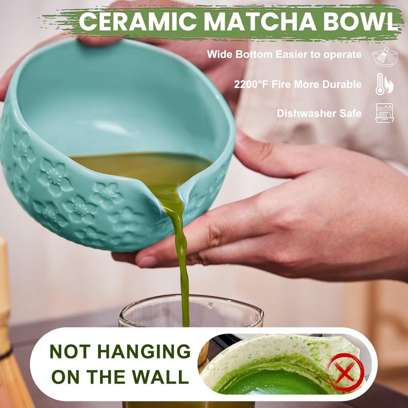 RANERANE Matcha Whisk Set, Sakura Blue Ceramic Matcha Set Includes Matcha Bowl, Matcha Whisk (Chasen) and Holder, Sifter, Bamboo Scoop & Spoon - 6 Pcs Matcha Kit for Matcha Lovers - Image 4